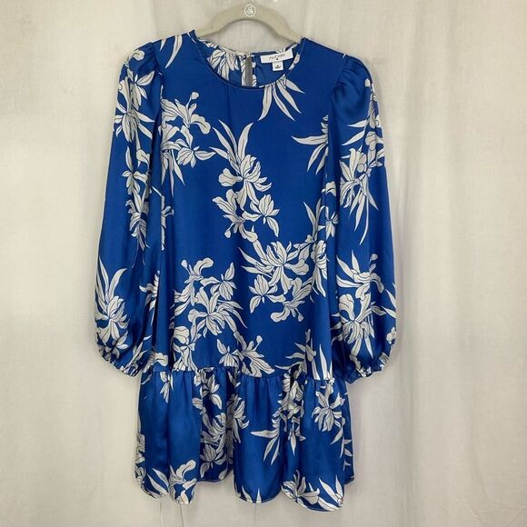 Alexis X Target Blue White Floral Long Sleeves Tiered Satin Mini Dress M - Picture 5 of 13